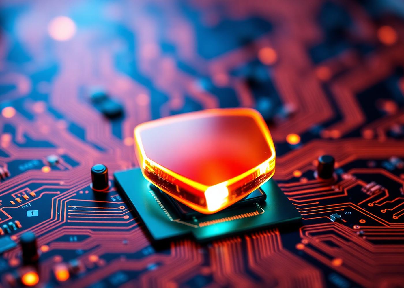 Macro view of a glowing protection symbol over a circuit board